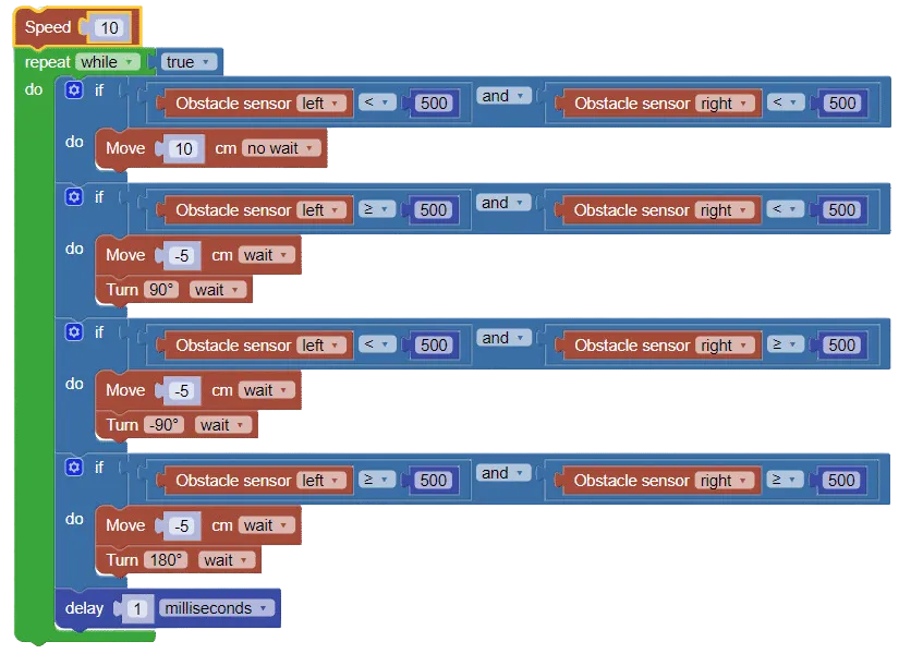 More advanced block coding example that does obstacle avoiding